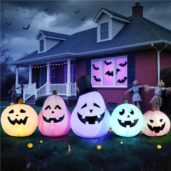 8 FT Long Halloween Inflatable White Pumpkin Built in Colorful LED - Picture 1 of 7
